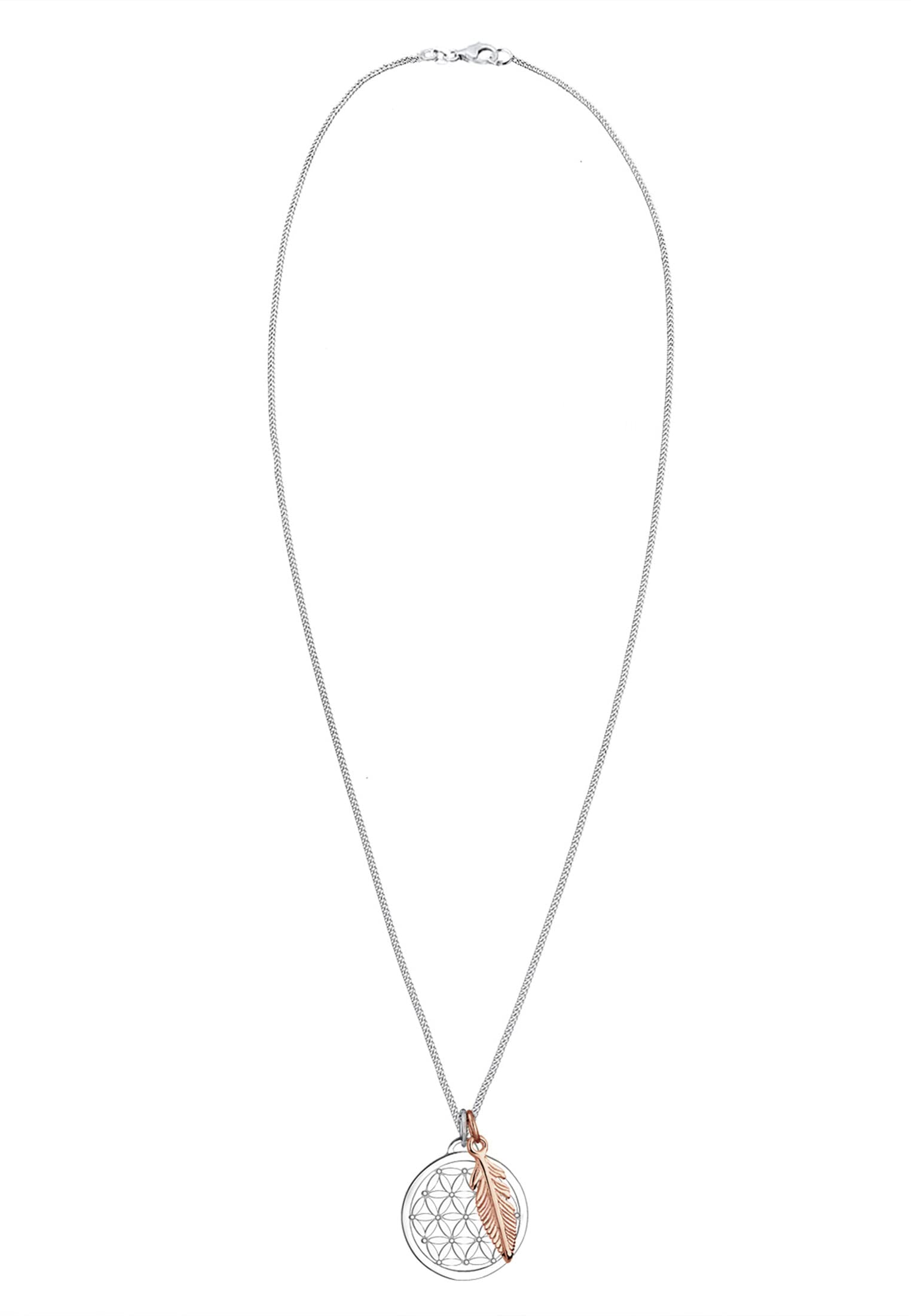 Elli Damen Echtschmuck Halskette Kette Lebensblume Feder Anhänger Bi-Color in 925 Sterling Silber