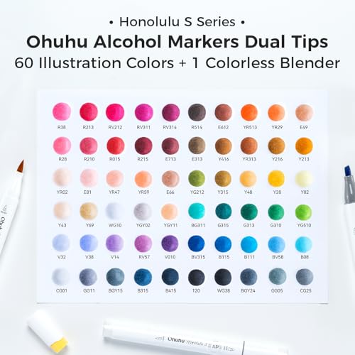 Image of Ohuhu Alcohol Markers Brush Tip: Brush& Soft Chisel 60 Illustration Colors Dual Tips Alcohol-based Art Marker Set for Artist Adults Coloring Illustrations- Honolulu S- Refillable | Dual Tips Art Markers for Artists Adults Coloring Illustration Drawing, AP Certified Refillable Alcohol-based, Honolulu 2S