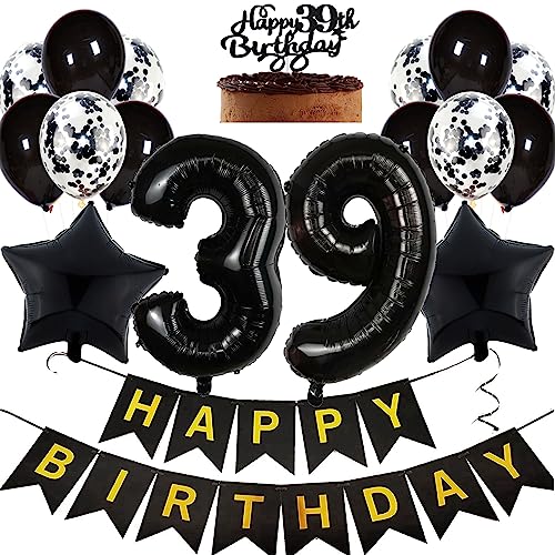 Feelairy Decoration Anniversaire 39 ans Femme, Ballon 39 ans Anniversaire Deco Homme, Noir Decoration Gateau Anniversaire 39 ans Femme, Kit de Décoration de Fête 39 ans Anniversaire Homme