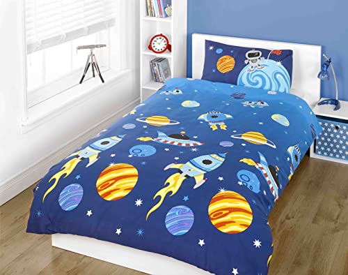 Rapport Home Kids Rockets Stars and Space Blue Childrens 2 Piece Duvet Cover Set - Planets and Spaceship Rockets Single Bedding Set