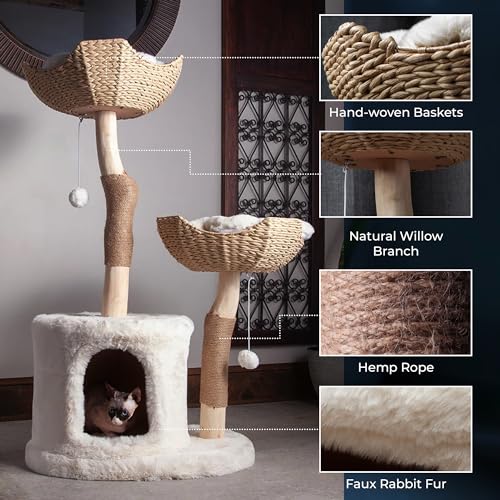 Habitat Haven The Bungalow Cat Tree - Luxury Cat Condo, Large Modern Indoor Tower with 2 Faux Fur Beds, Scratching Posts, Toys, and Den for Cats, 23.5-Inch Width x 18-Inch Depth x 43-Inch Height - Image 5