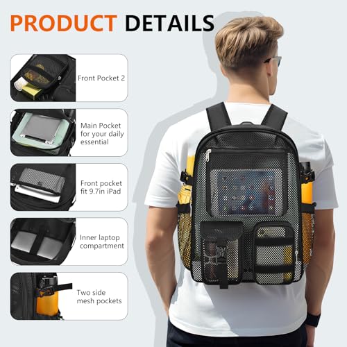 Mesh Backpack for School,with Inner Laptop Compartment,Semi-transparent Bookbag with Bungee and Comfort Padded Straps for Beach, Swimming, Sports, Work, Travel-Black3