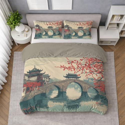 Tradicional Funda Nordica Cama 105-150 x 220 con Fundas de Almohada Vintage Puente Escénico Acogedor Extra Suave Blanco Crema Ropa de Cama con Cremallera para niños y niñas