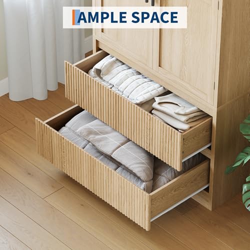 GarveeHome Bedroom Wooden Armoire Wardrobe Closet, Freestanding Large Wardrobe Armoire Cabinet with Glass Doors and 2 Drawers, Shelves & Hanging Rod for Bedroom, Clothes, Natural