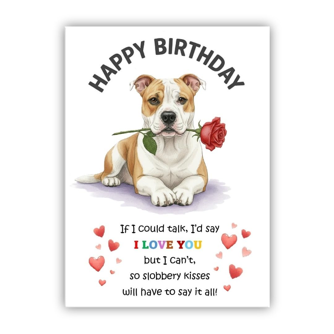 Dog Birthday Card – Cute Puppy with Rose – Birthday Card from the dog to the owner, Mum, Dad, Mummy, Daddy, Mother, Father (• American Bulldog)