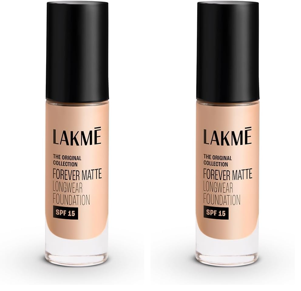 Image of Lakme Forever Matte Longwear Foundation with SPF 15 and Active Niacinamide | Brightens Skin | Long Lasting Matte Finish |Cool Ivory,25 ml (Pack of 2)