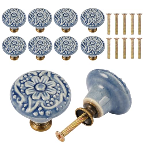 10 pomos redondos para armarios de cerámica, pomos de muebles de 34 mm, pomos de cajón con tornillos, diseño de base elevada, pomos de muebles vintage para cajones, zapateros, armarios de cocina