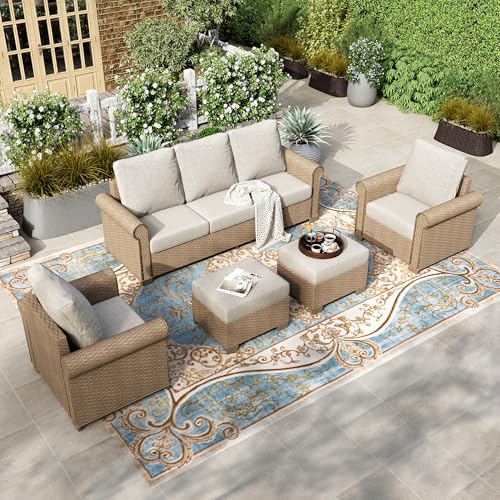 Image of HERA'S HOUSE 5 Pieces Patio Furniture Set, All Weather 7 Seats Outdoor Wicker Sofa with Ottoman, 5.5 inch Thick Waterproof Cushion Conversation Set for Garden Deck Backyard, Beige