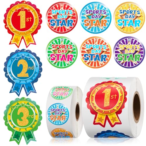 Tenare 1080 Pcs Sports Day Stickers for Kids Star & 1st 2nd 3rd Participation Rosette Award Stickers for School PE for Events Competitions and Classroom Rewards