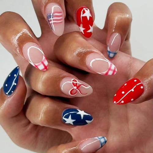 4th of July Press on Nails Medium Oval Fake Nails French Tip Glue on Nail with Star | Polka Dot | Bow Designs Independence Day Press ons Stick on Nail 4th of July Nails for Women Manicure 24Pcs