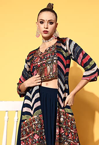 Image of LYMI LABEL Lehenga Choli For Women - Georgette Mirror work Banjara Floral Embroidered Thread Woek Choli, Plain Lehenga With Shrug Fully Stitched