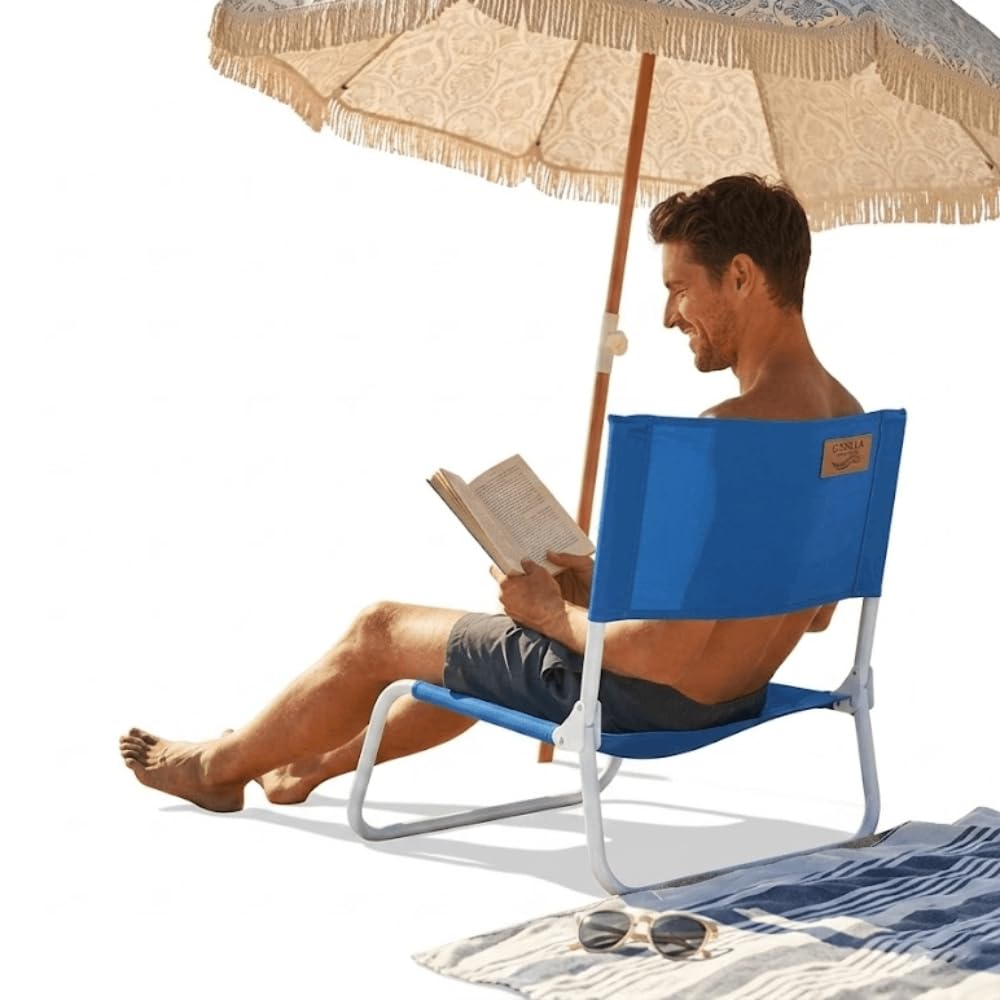 DEVESSPORT Kohala Lot de 2 chaises de plage basses pliables avec structure en acier et tissu polyester 600D haute résistance Bleu 45 x 45 x 45 cm