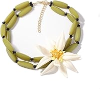Dtja Large White Flower Bamboo Pendant Choker Necklace for Women - Adjustable Green Chain Tropical Statement Jewelry