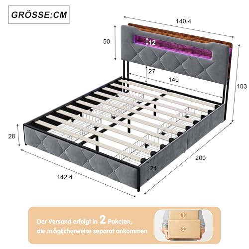 Polsterbett Doppelbett 140x200cm mit Stauraum, Stauraumbett mit 4 Schubladen, Jugendbett mit LED und USB, Schlafzimmer Bett, Gepolstertes Bettgestell mit Lattenrost, Samt (Grau, 140x200cm) – Bild 3