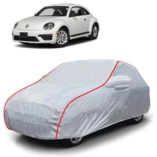 Image of Sulfar 100% Waterproof Car Body Cover Compatible with Mirror for Volkswagen Beetle (Triple Stitched, Full Bottom Elastic, Magic Silver with Red Piping)