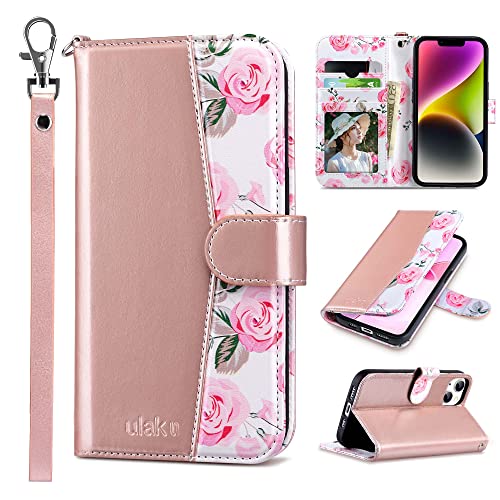 ULAK Compatible with iPhone 14 Wallet Case for Women, PU Leather Floral Flip Cover with Card Holder Kickstand Feature Protective Purse Case 6.1 Inch, Rose Gold