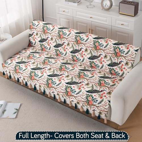 Image of HOKIPO Printed Holland Velvet Sofa Cover with Tassels for 3 Seater Sofa | Full Protection for Sofa Seat and Back | 'Whispers of Nature' (160x175 cm), Multicolor Tropical Peacock (IN-1127-D1)