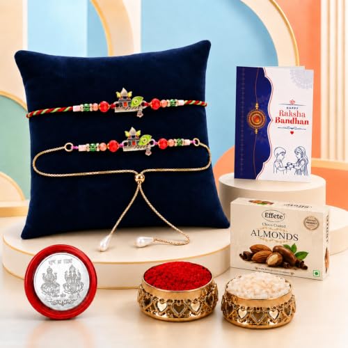Image of DeoDap Rakhi with Chocolate for Bhai & Bhabhi - Stylish Rakhi for Bhai & Lumba for Bhabhi with Almond Chocolate, Silver Color Coin, Tilak Set & Greeting Card, Raksha Bandhan Combo Pack (K1 X53 CA32)