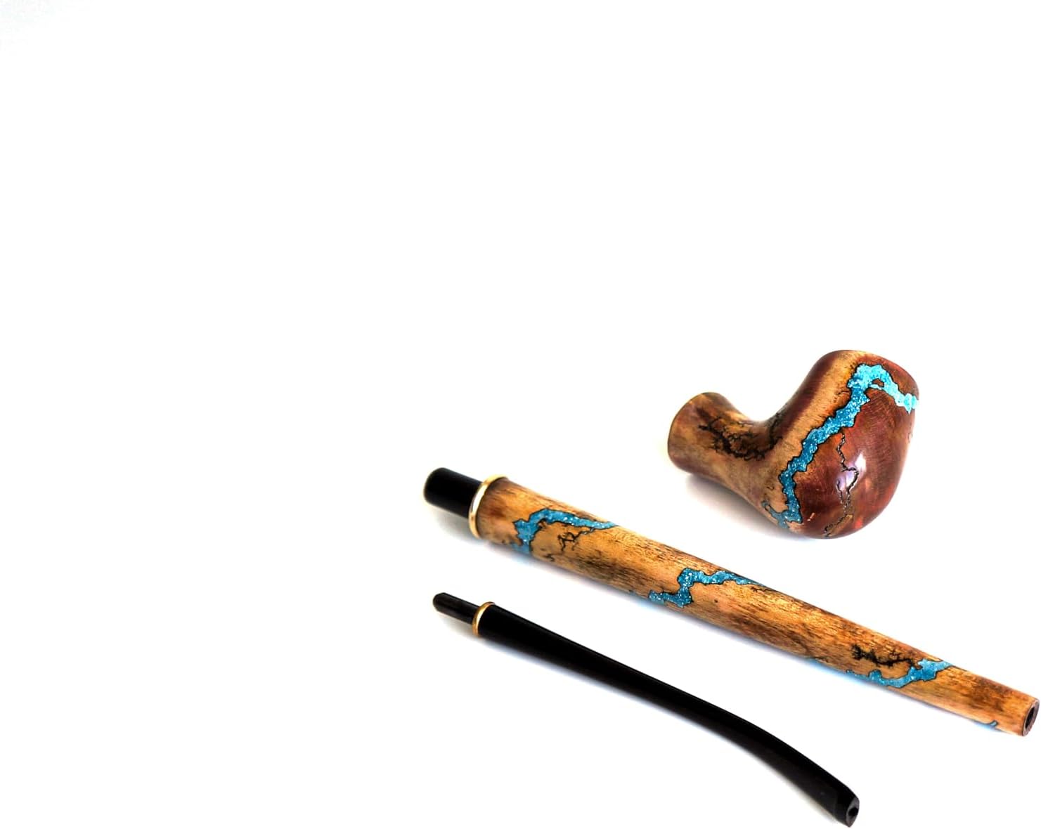 Handcrafted Wooden Tobacco Pipe with Turquoise Inlay, Long Stem, Churchwarden pipe