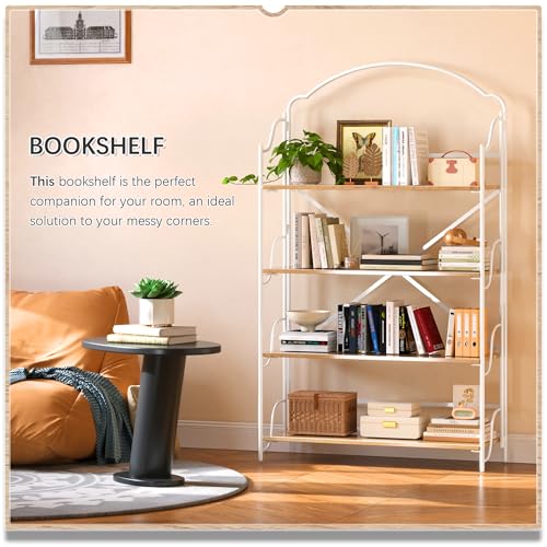 Image of 4NM No Assembly Folding Bookshelf for Living Room, 4 Tiers Collapsible Book Shelves Open Industrial Foldable Bookcase Storage Shelf for Home Office - Oak