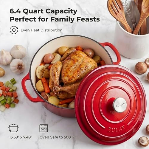 Image of Zulay Kitchen 6.4QT Enameled Cast Iron Dutch Oven Pot with Lid, Heat Pad & Trivet, Heavy-Duty Soup Pot for Stews, Braising, Roasting & Sourdough Bread Baking, Oven Safe up to 500F - Ablaze Red