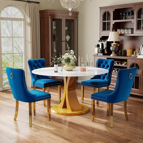Image of 5-Piece Dining Table Set with 47In Faux Marble Table and 4 Velvet Upholstered Chairs, Modern Scandinavian Furniture for Dining Room Kitchen(Blue&Gold)