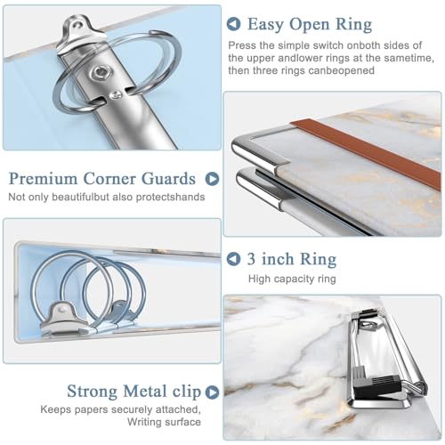 Image of 3 Ring Binder, 3 Inches Round Ring Binder with Clipboard, Dividers Tabs, PVC Zipper Bag Sleeves & to Do List Planners for Women, Men, School, Office Supplies, White Marble
