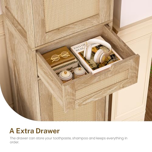Image of TEENFON 66.9 inch H Tall Storage Cabinet with 2 Rattan Doors and 1 Drawer, Narrow Rattan Cabinet with Adjustable Shelves, for Living Room, Entryway, Kitchen, Natural