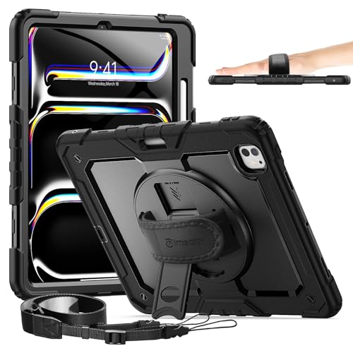 Timecity Case for iPad Pro 13 Inch M5/M4 (2025/2024) Heavy Duty Shockproof Protective Cover with Built-in Screen Protector 360 Rotating Kickstand Shoulder Strap Pen Holder for iPad Pro 13- Black