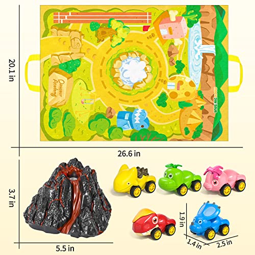 5 Pack Dinosaur Race Car Toys For Toddlers Kids 1 2 3 4 5 Years, Double Sided Play Mat Can Be Storage Bag, Simulated Volcano With Water Mist Spray And Sounds, Gift For Boys And Girls #TOP5