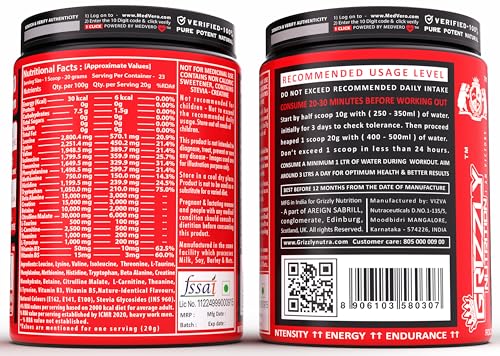 Image of Grizzly Nutrition Night Hawk No Caffeine Pre Workout Powder, Stimulant-Free Energy, Focus & Muscle Pump with L-Citrulline, Creatine, 460g Pack, Pineapple, with 30g Energy Caffeine Pack