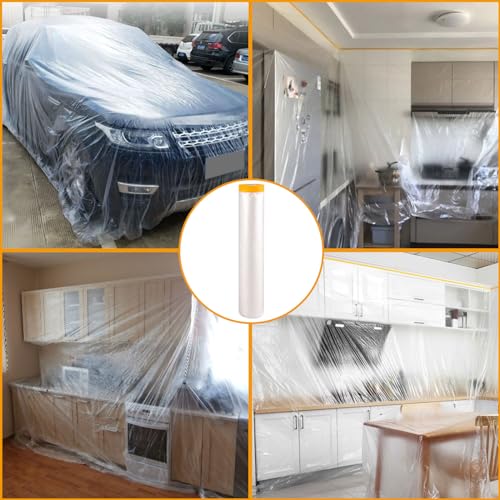 Image of 4 Rolls 8.8 x 65 Feet Painters Plastic Sheeting, Pre-Taped Masking Film, Clear Drop Cloth for Painting, Automotive Covering and Appliance Protection (Pack of 3)