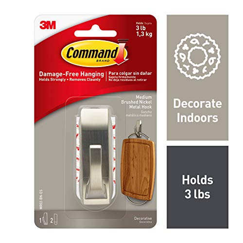 Command Medium 3 lb Capacity Metal Hook, Indoor Use, Decorate Damage-Free (MR02-BN-ES),Brushed Nickel