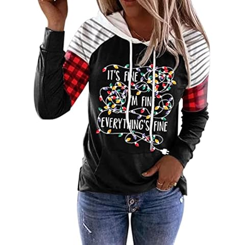 SECETKET Merry Christmas Sweatshirt Women Buffalo Plaid Tree Striped Splicing Hoodie Blouse Color Block Plaid Xmas Top (P5,L) Cover