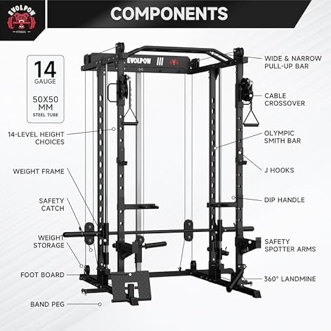 EVOLPOW M2D Smith Machine, Strength Training Squat Rack with LAT-Pull Down System & Cable Crossover Machine for Home Gym and More Training Attachment