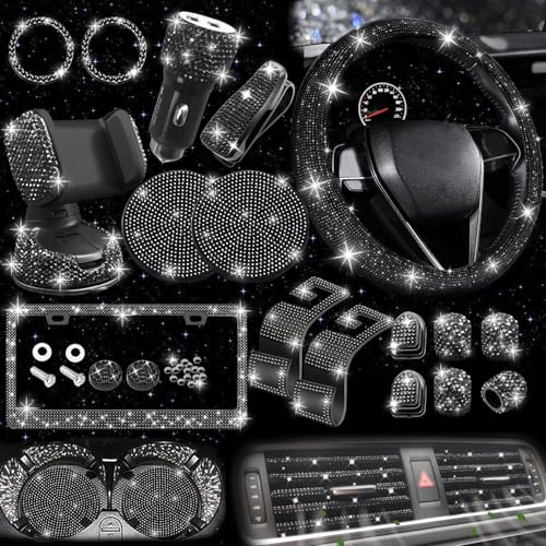 Image of NBTEPEM 27 PCs Black Bling Car Accessories Set for Women, Steering Wheel Covers Universal Fit 15 Inch, Bling License Plate Frame, Bling Phone Holder, Bling Car Coasters (Black Diamond)