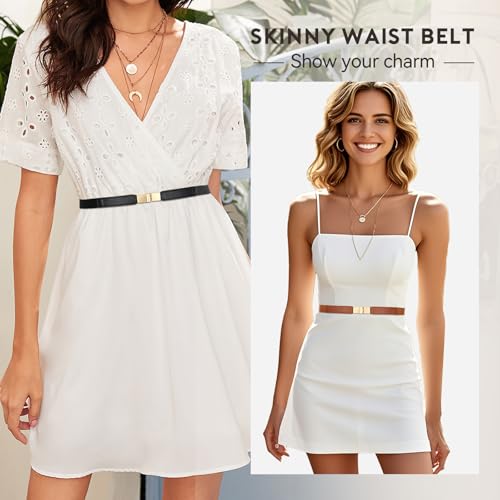 SUOSDEY 4 Pack Women Skinny Elastic Belt, Ladies Stretch Belt for Dresses Pants Thin Waist Gold Buckle Belt2