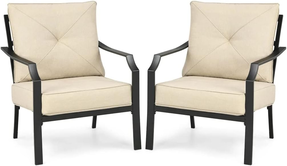 2 Piece Patio Dining Chairs Stackable Removable Cushioned Garden Patio (D 1)