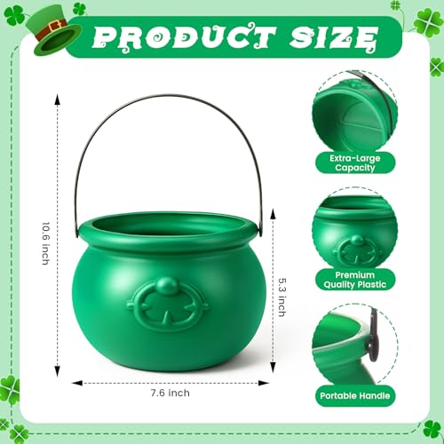 Soulchen 7.6\" St Patricks Day Cauldron Plastic Pot of Gold Bucket Cauldron Kettle Leprechaun Irish Party Decoration Favors Supplies for Coins Candy(Green)