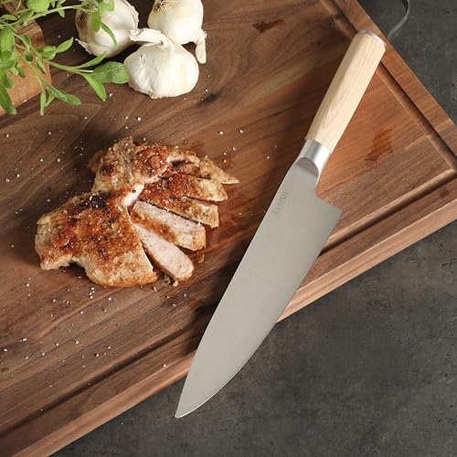 Image of Babish 8-Inch Chef Knife - High-Carbon 1.4116 German Steel Kitchen Knife with Light Pakka Wood Handle, Full-Tang Razor Sharp Chef's Blade for Chopping, Slicing, Dicing & Everyday Prep