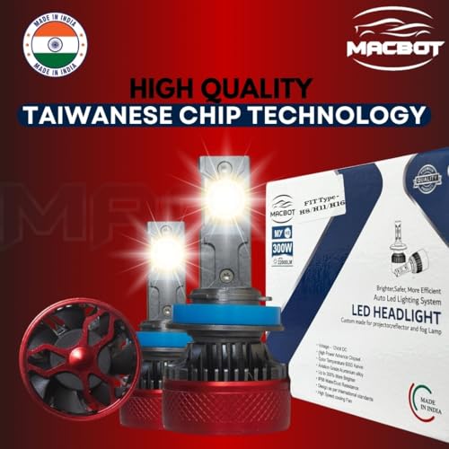 Image of MACBOT H8 /H11 /H16 Type Yellow LED Bulb 300 Watt MY-H8, with 2-Year Replacement Warranty - Made in India for Cars (150 Watt Each Bulb) Bright Warm White Light, Easy Installation