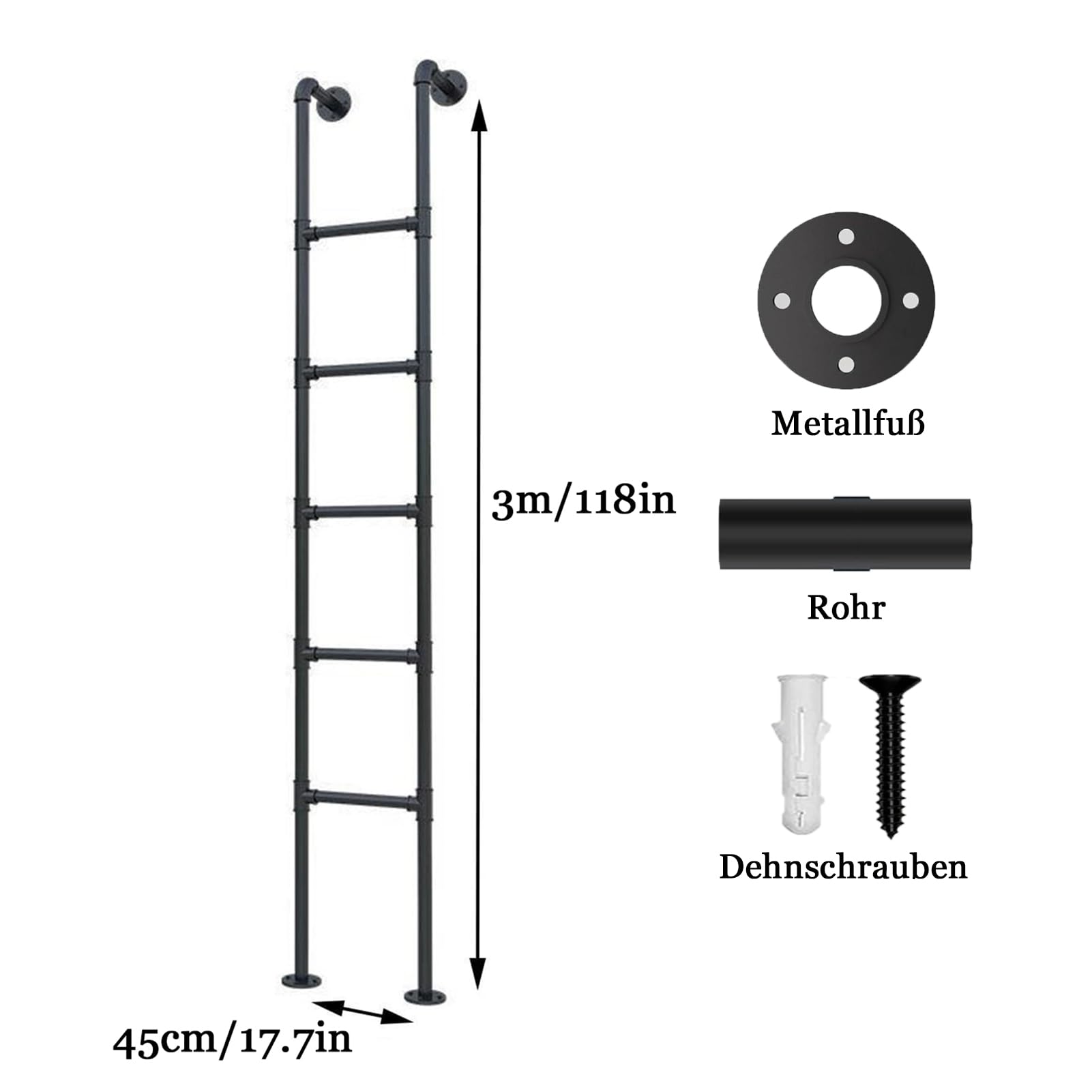 Metall Hochbettleiter zum Einhängen 3m, Höhenverstellbar, Leiter 10 Stufen für Dachboden Schlafsaal Deck Kellerfenster Etagenbett Wohnmobil, Schwarz