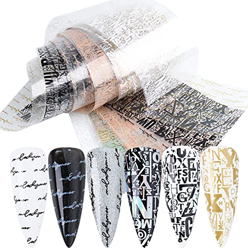 10 Sheets Letters Nail Art Foils Transfer Stickers Nail Art Supplies English Alphabet Foil Transfers Decals Holographic Letter Graffiti Black White Sliver Gold Nail Stickers DIY Nail Art Decorations