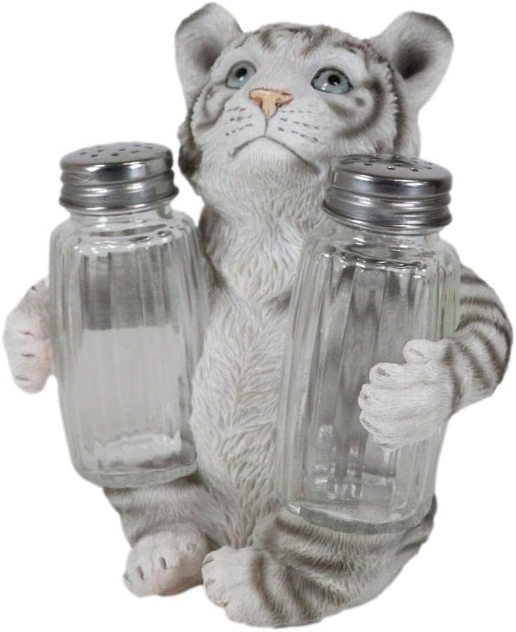Miniatura 9 de Ebros Gift Selva tropical selva tropical Albino Blanco Bengala Tiger Cub Hugging Salero y Pimentero Estatua Depredador Tigres del Bosque Gatos