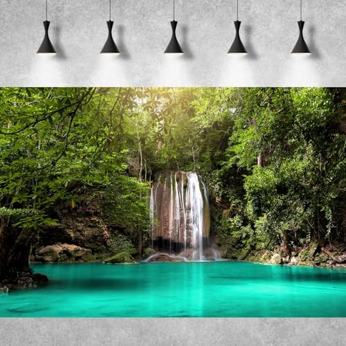 Image of Jungle Waterfall Aquarium Background Lush Green Rainforest Rocks Terrarium Background Falls Green Plants Natural Landscape Fish Tank Background Lake Stream Waterfall Reptile Background 72x24in
