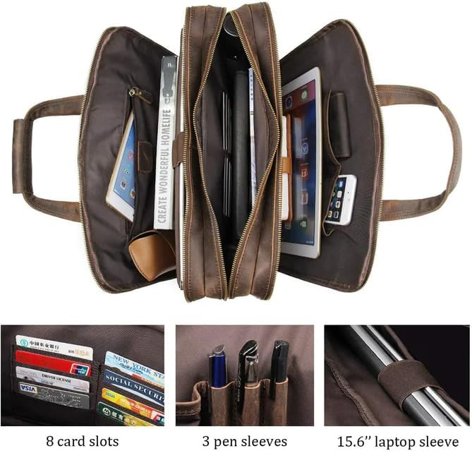 MaheTri Crazy Horse Leather Briefcase (Upto15.6) With Multiple Compartment | Genuine Handcrafted Laptop Bag | Vintage Buffalo Leather Office Bag | Adjustable Strap & Brass Buckle | Handmade Satchel
