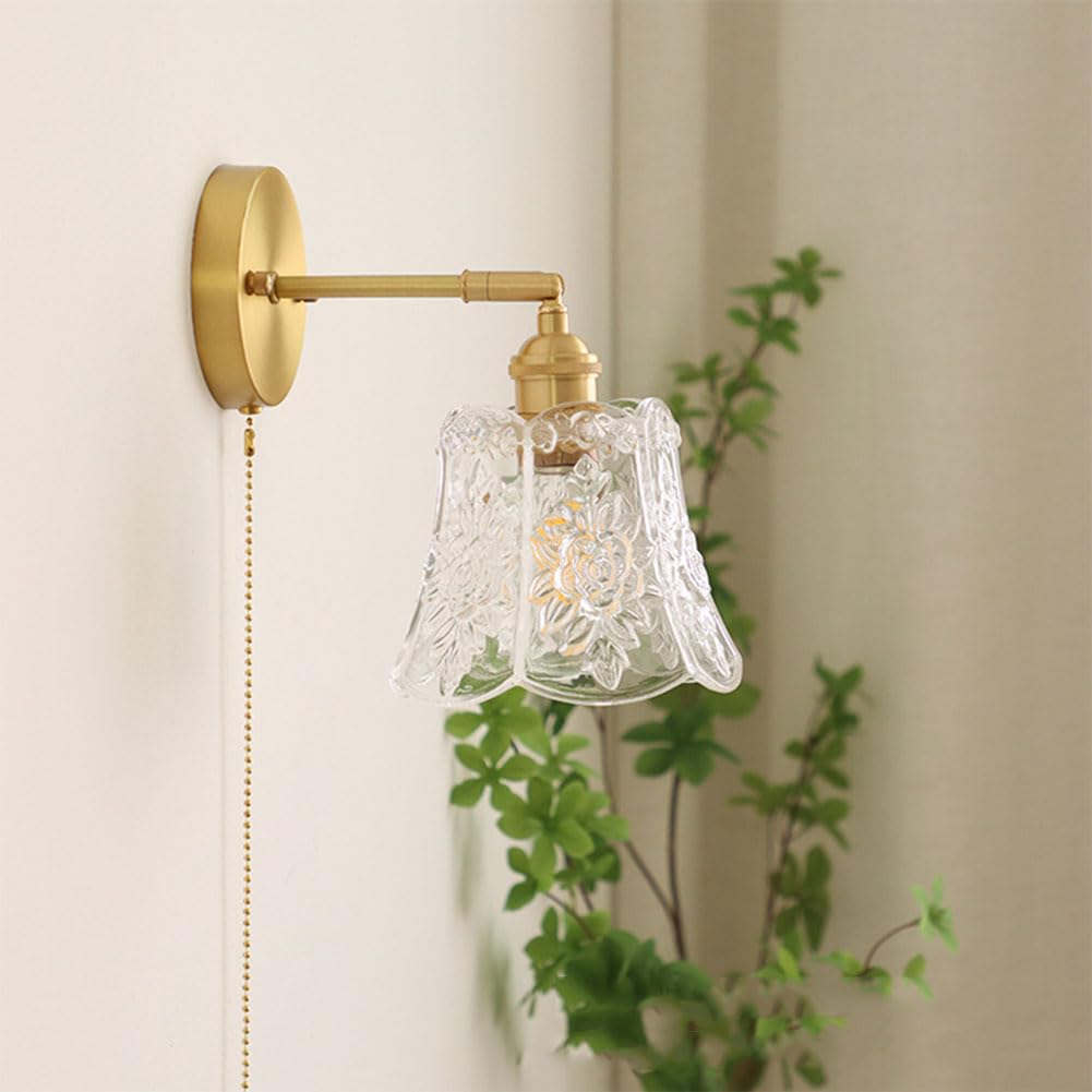 Kristall Wandlampe Drehbare mit Schalter Wandleuchte Innen Moderne Wandbeleuchtung Florentiner Glas Lampenschirm Nachttischleuchte Gold mit Zugschalter E27 für Schlafzimmer Wohnzimmer