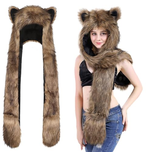 Faux Fur Animal Hat Plush Warm 3-in-1 Hat Scarf Gloves Set Winter Hood Cap for Halloween Xmas Cosplay Party2