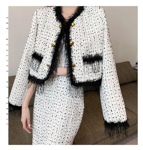 Women's Vintage Tweed Two Piece Sets Outfits Chic Fringed Jacket Coat +Bodycon Long Skirt Skirt Suits2