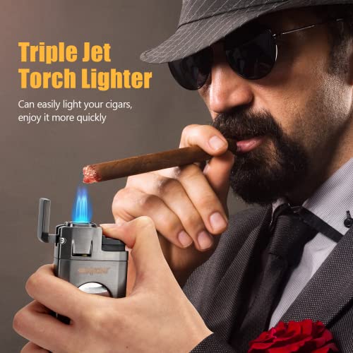 SEMKONT Triple Jet Flame Cigar Lighter with Cutter, Windproof Butane Refillable Torch Lighter Gift Accessories Ashtray Set (Grey) - Thumbnail 6